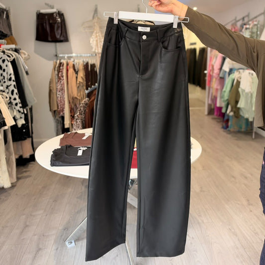 Wide Leg Leather Trouser - Black