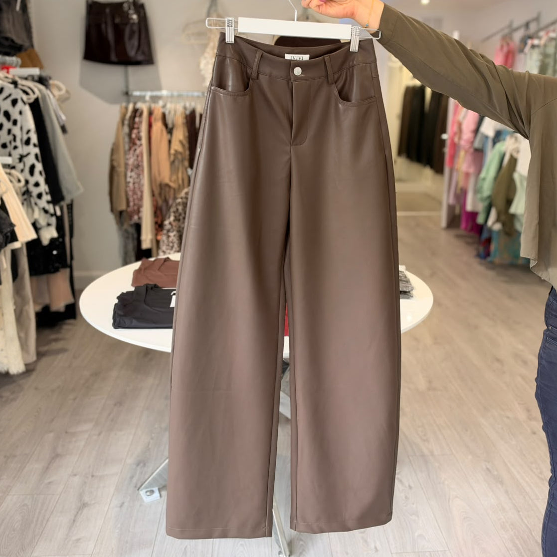 Wide Leg Leather Trouser - Brown