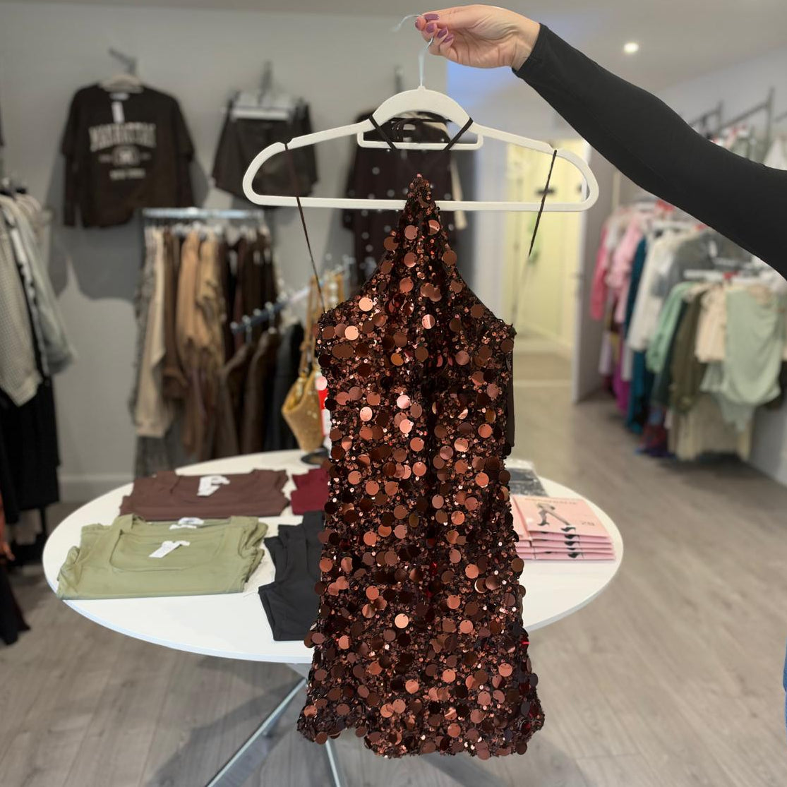 Brown Sequin Tie Back Dress