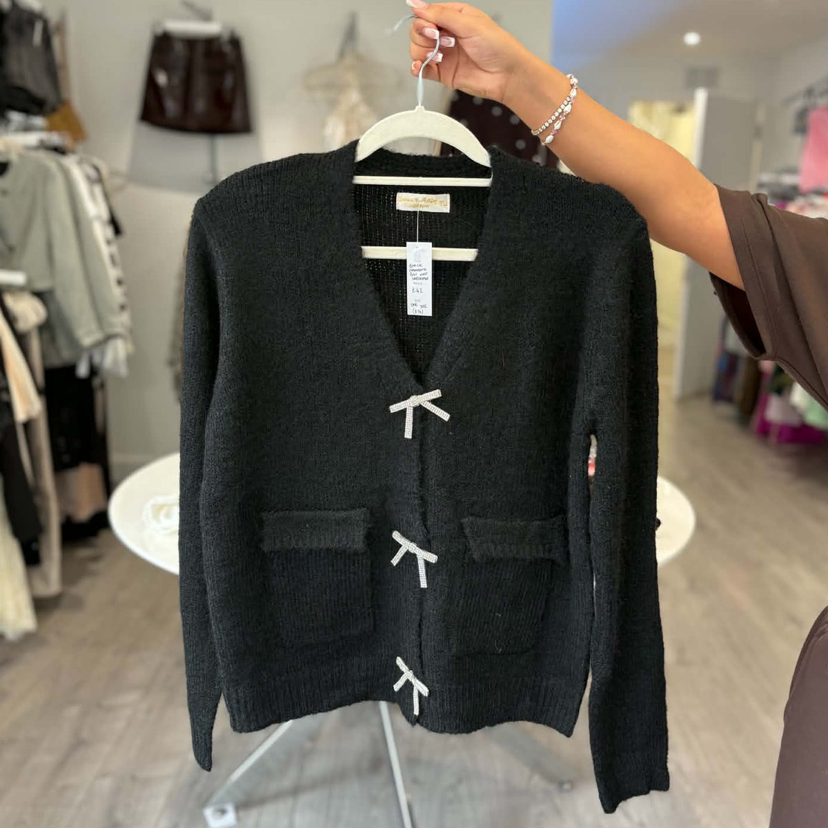 Black Diamante Bow Knit Cardigan
