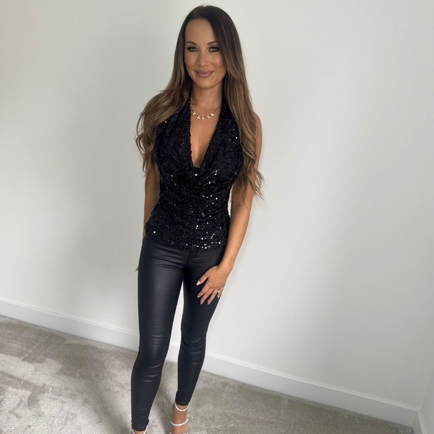 Cowl Neck Sequin Top - Black