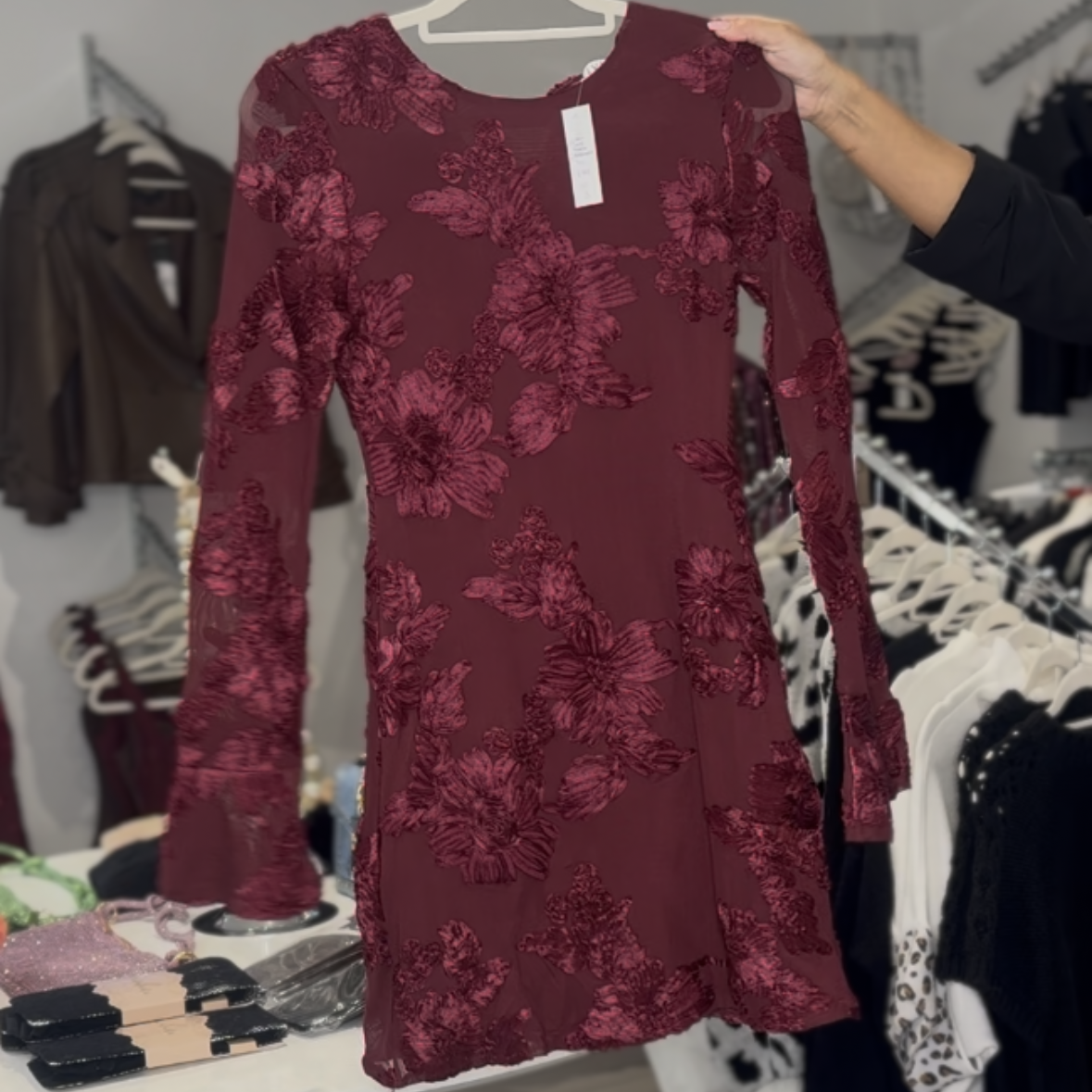 Floral Lace Dress- Burgundy