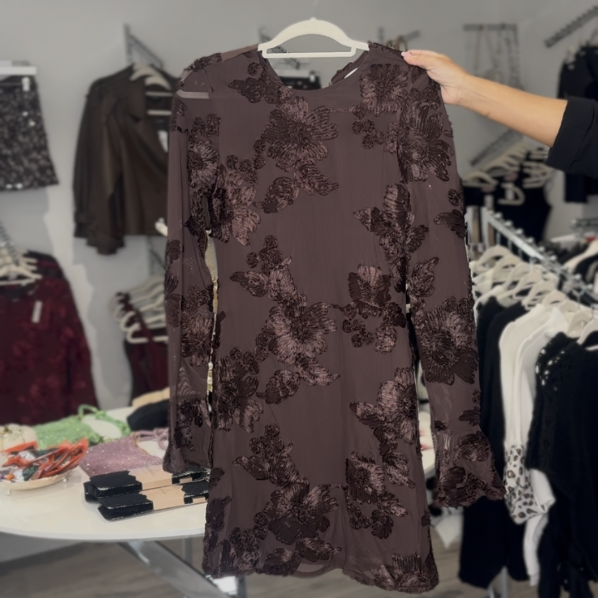 Floral Lace Dress- Brown