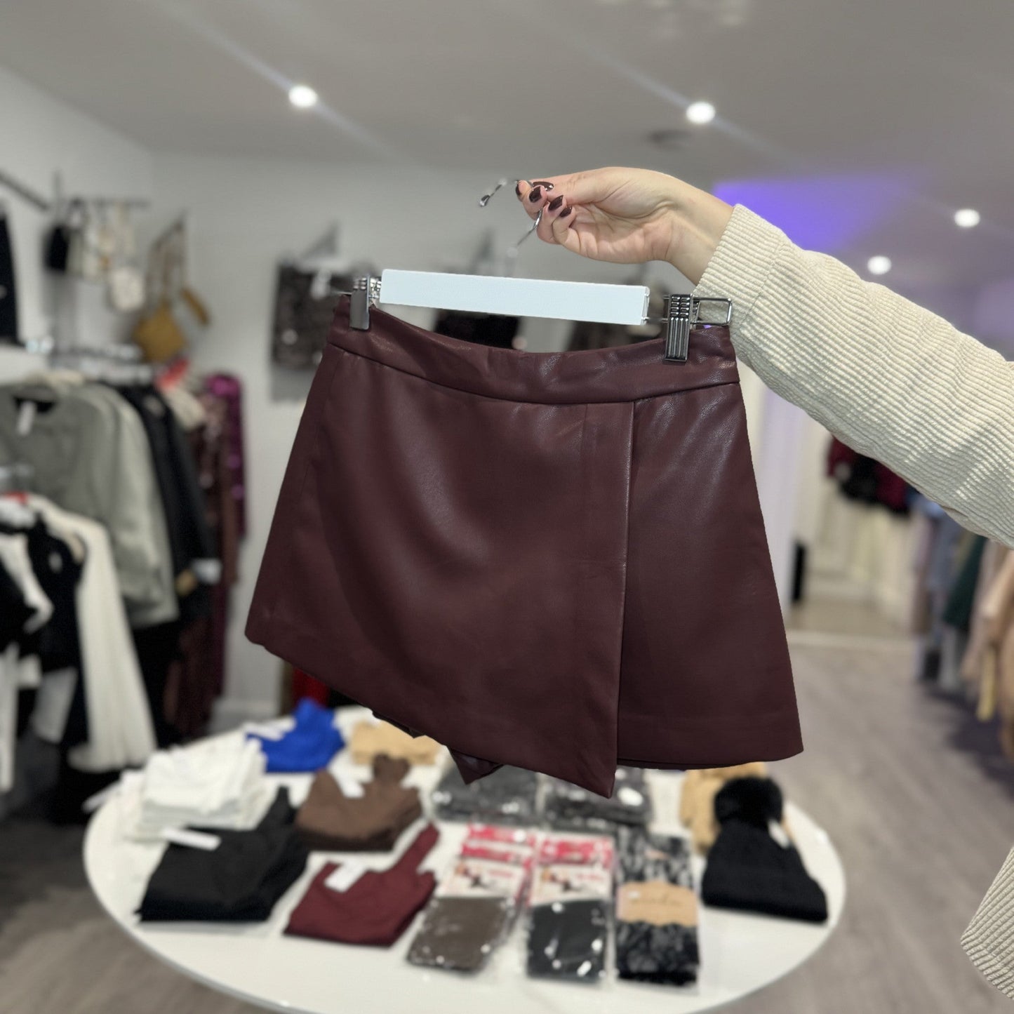 Leather Mini Skort- Burgundy